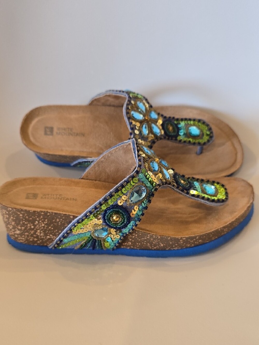 White Mountain " Bluejay" Beaded Wedge Thong Boho Design Women's Sandals - Picture 4 of 10